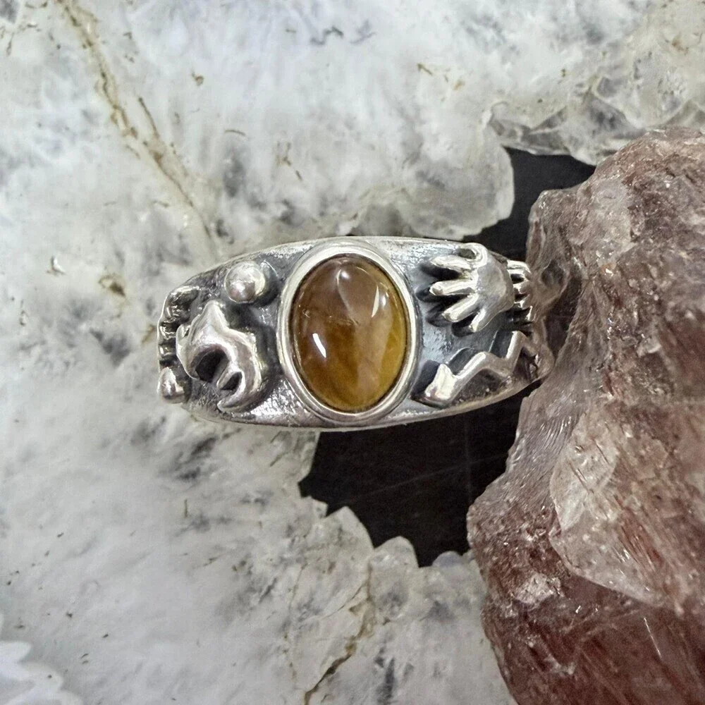 Jody Naranjo Vintage Sterling Silver Tiger's Eye Petroglyph Ring Sz 8 For Women